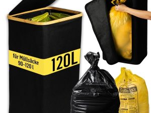 Deco haus® Koš za smeti (90-120L) - Stojalo za vrečke za smeti - koš za vrečke za smeti - Koš s pokrovom - Sistem za kuhinjske odpadke - Robustno stojalo za vrečo za smeti - ČRNA